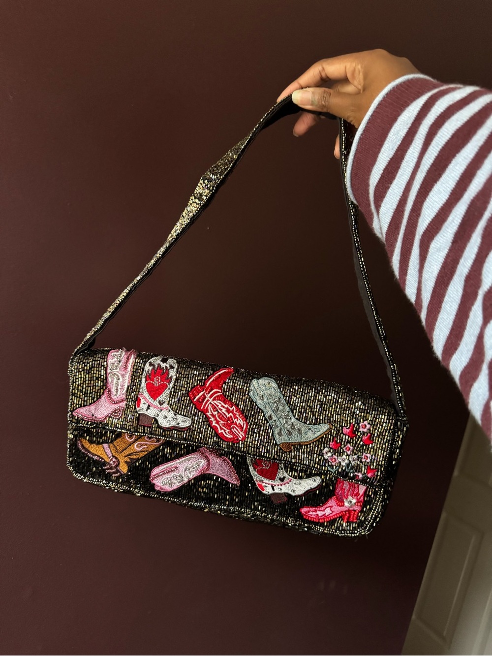 T.J.Maxx Black Beaded Shoulder Bag with Red, Pink & Cream Boot Appliqués